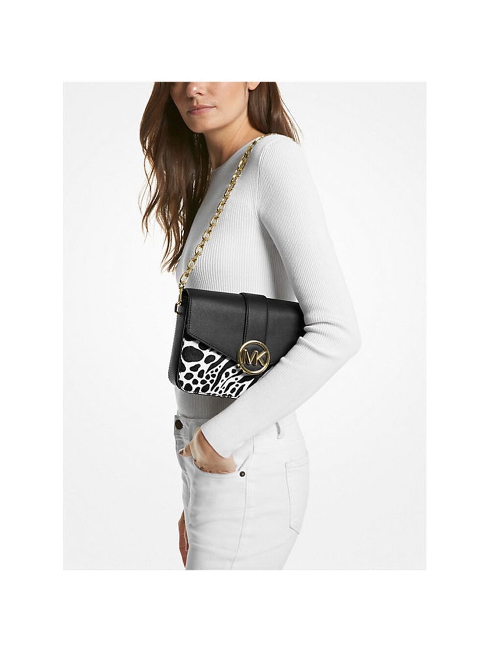 Michael Kors Carmen Calf Hair Shoulder Convertible Bag Black White NWT